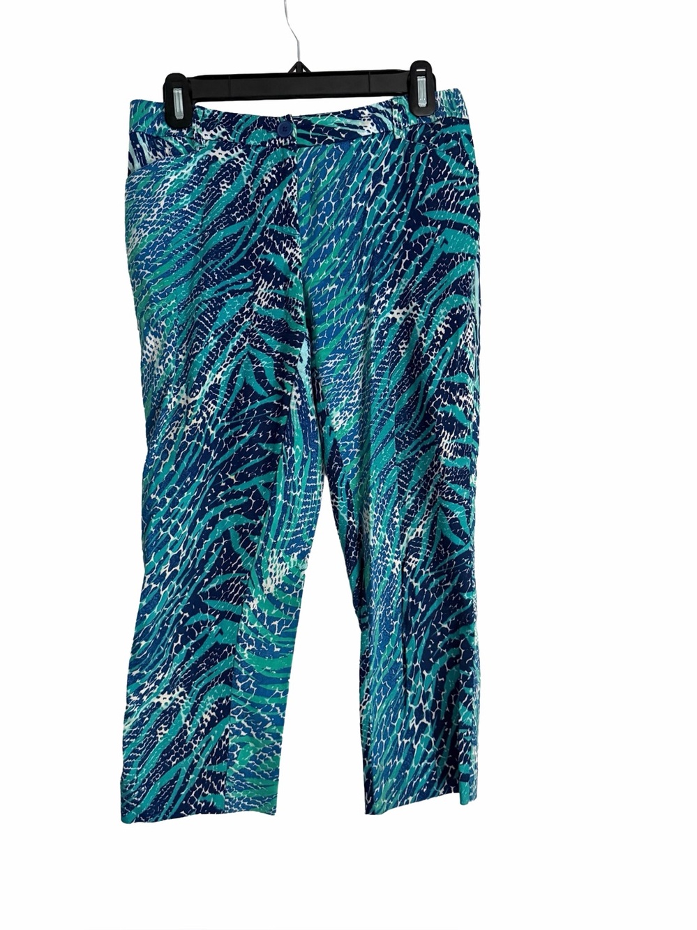 New York & Company Blue & Teal Patterned Cropped Pants with Stretch Size 0